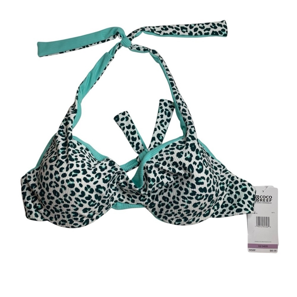 Coco Reef Summer Cheetah Verso Reversible Bikini Top Jasper Blue 32 / 34DD New